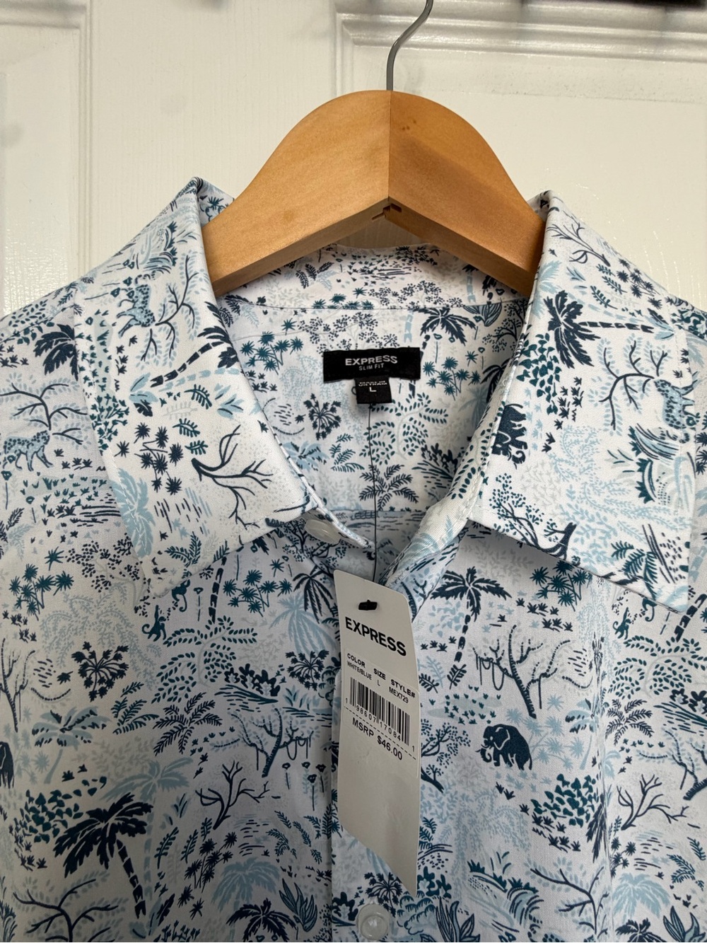 Express Men’s White & Blue Tropical Print Button-Down Shirt